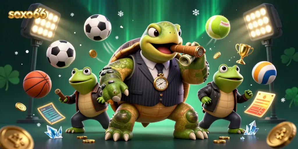 Engage with soxo66 in a thrilling cartoon casino scene featuring a turtle mobster and frog enforcers.