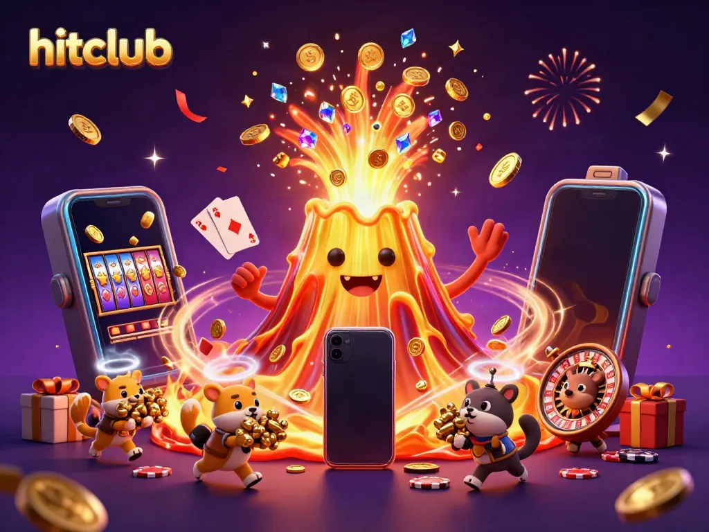 Experience the thrilling hitclub slot scene with a golden volcano erupting coins, slot game action, and colorful confetti.