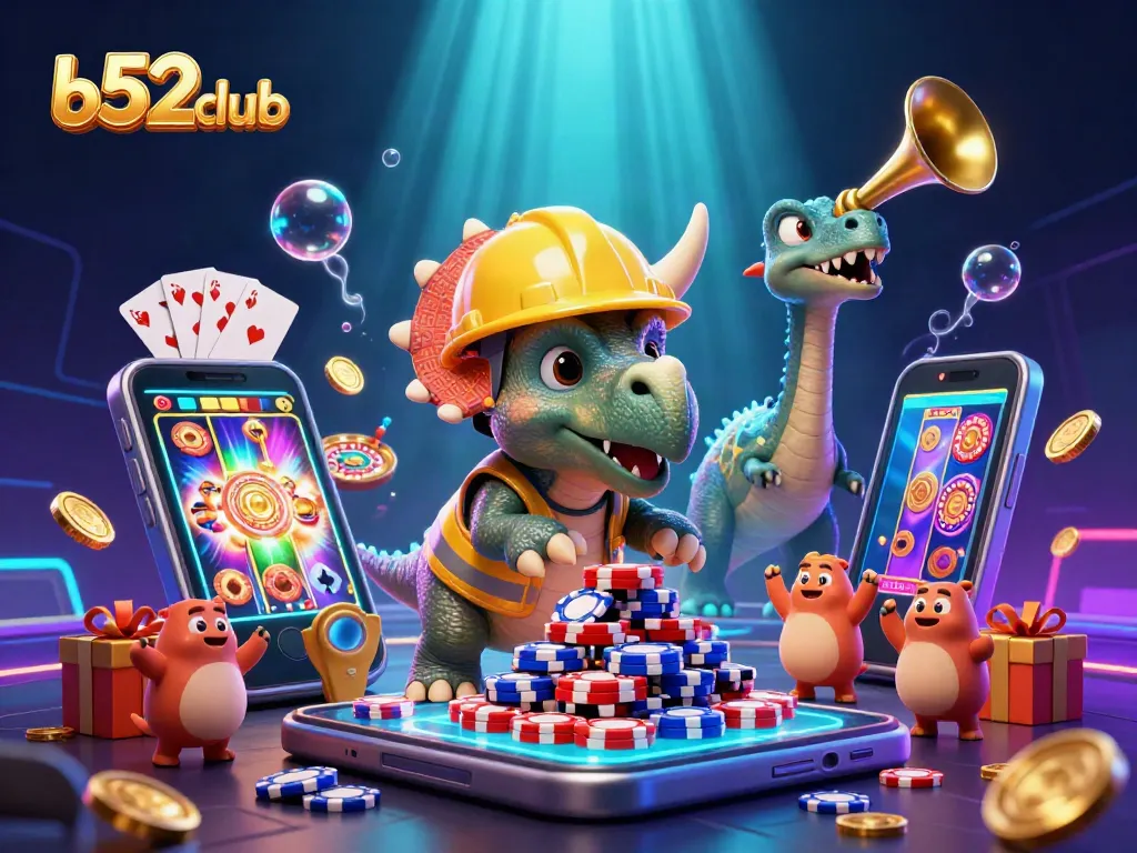 Experience excitement at b52club with a triceratops building poker chip pyramids in a vibrant casino scene.