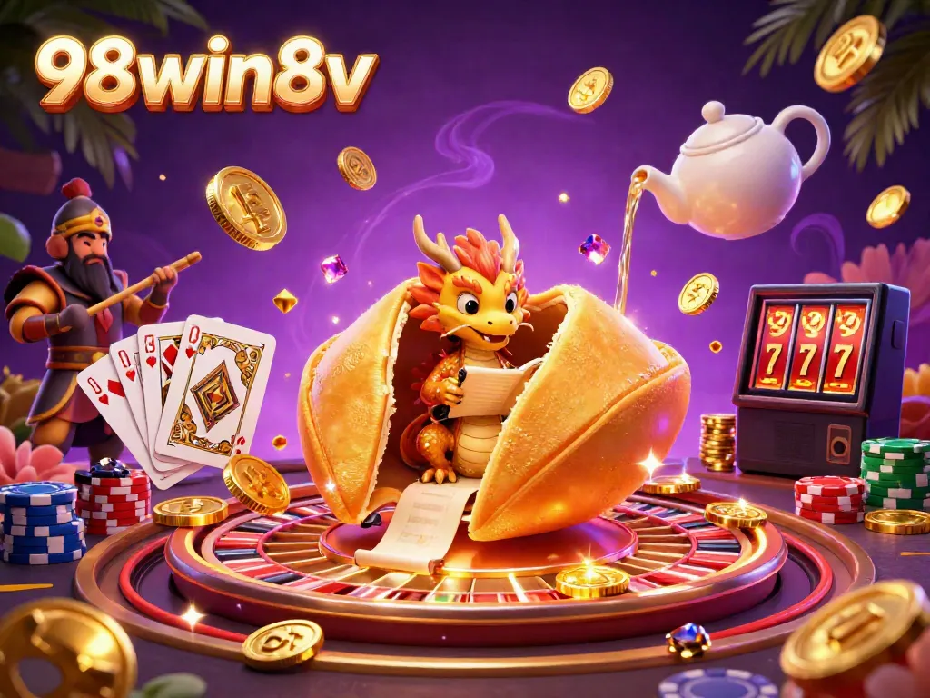 Explore the vibrant casino scene at 98win8v featuring golden fortune cookies, dragons, and captivating game elements.