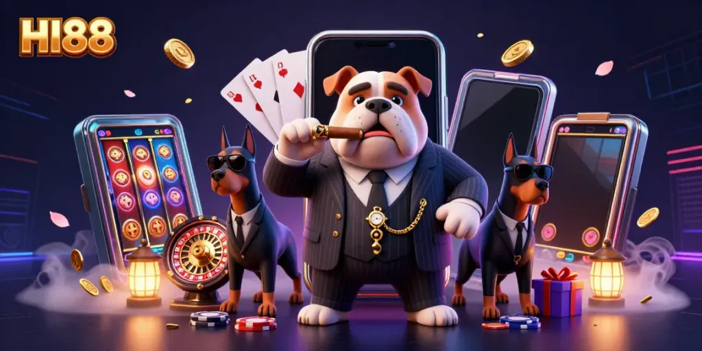 Experience the excitement of HI88 with a dynamic scene featuring a mobster bulldog, his Doberman bodyguards, and vibrant gambling elements.