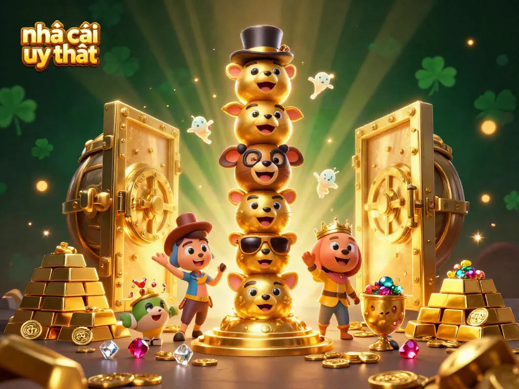 Discover a vibrant scene showcasing nhà cái uy tín with golden treasures and animated totem characters.